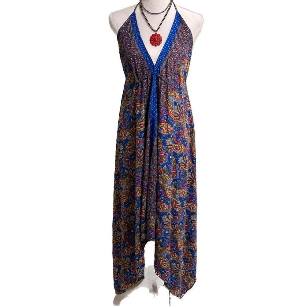 Paisley Halter Maxi Dress Open Back Boho Festival Handkerchief Hem Cover up M